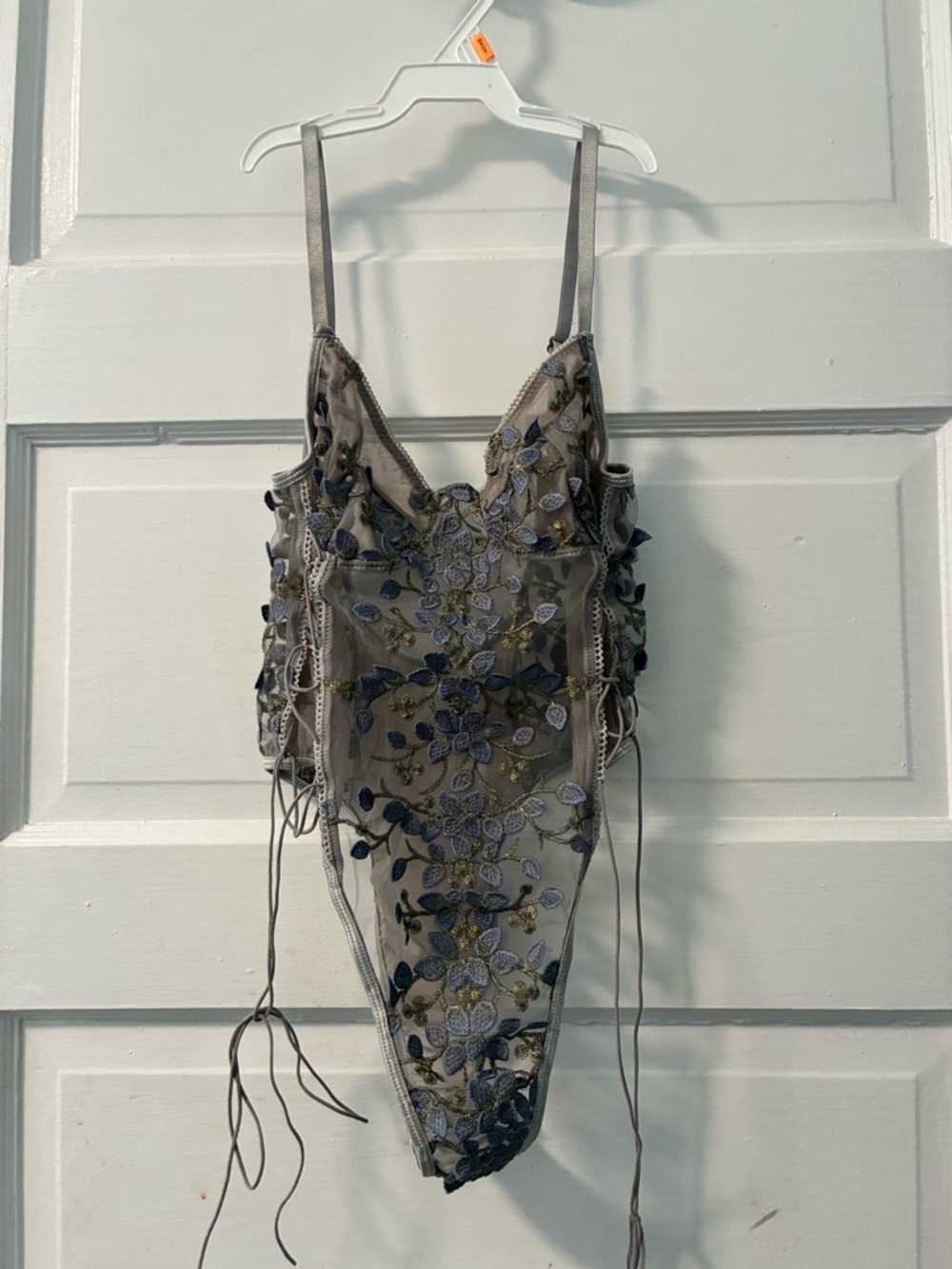 SHEIN Gray Floral Embroidered Sheer Lace Bodysuit